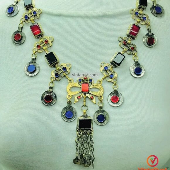 Tribal Necklace with Colorful Stones, Gypsy Belly Dance Necklace, Afghan Kuchi - Picture 3 of 9